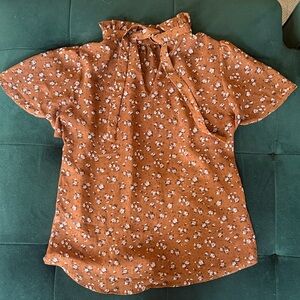 Rust Floral Tie-Neck Blouse